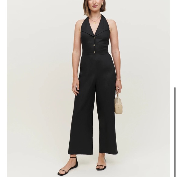 Billie Linen Jumpsuit reformation black wide leg halter xs /2 sold out - Picture 1 of 5